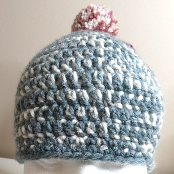 Wool Beanie OS 8" Skull Cap Unisex Handmade Crochet Hand Knit Winter Warm w/ Pom - Picture 3 of 9